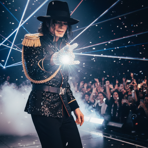 AI-generated image of a performer inspired by Michael Jackson wearing a glittering glove on stage during a concert performance